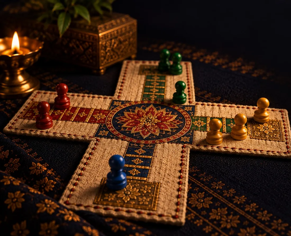 An embroidered cloth Pachisi board laid on dark cloth, with wooden pawns, a brass lamp and cowrie shells.