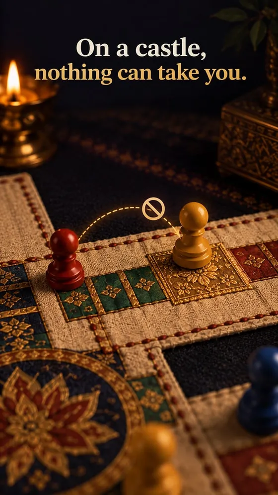 A pawn safe on a marked castle square, out of reach of the pawn behind it.